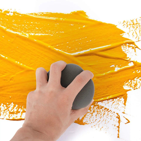 Hand using round sponge applicator from Complete Home Paint Supplies Kit With Round Sponge Applicator, 1.6 Inch Paint Brush, 3 Inch Roller Brushes, And Paint Tray Liner For Walls, DIY Finish All In One Pro Grade Set to spread yellow paint.