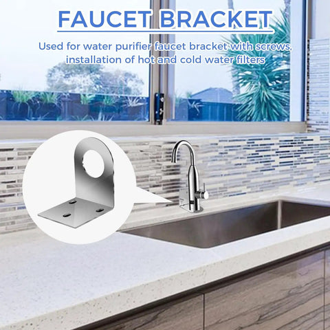 Two Pack Stainless Steel Water Filter Housing Brackets for wall mount with faucet installation details in modern kitchen setting