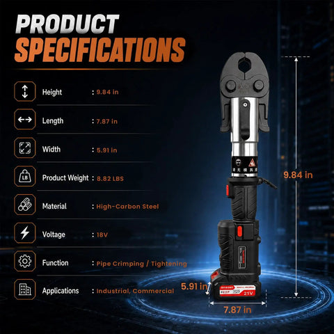 Heavy Duty 21V Cordless Pipe Crimping Tool With Brushless Motor And High Carbon Steel Build specifications showing height, length, and weight.