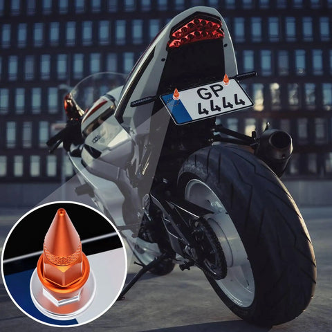 Orange Spike License Plate Screws Kit Four Piece With Anti Theft Bolts Made From Stainless Steel And Aluminum Alloy Decorative Fasteners installed on motorcycle