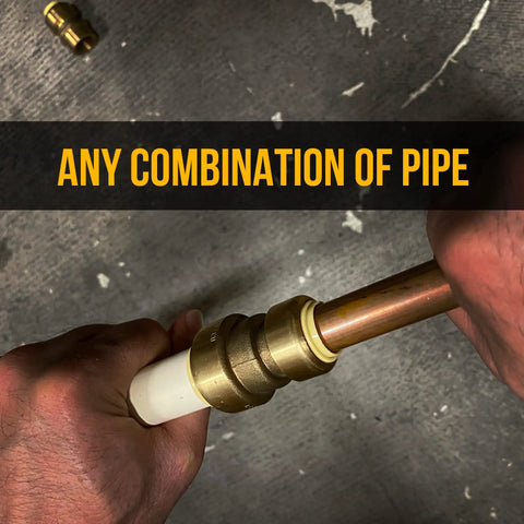 Hands connecting pipes with Eleven Pack Push Fit Plumbing Kit For Copper PEX CPVC Pipes No Tools Quick Connect Fittings.