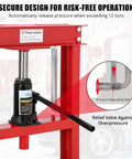 Top Shelf 12 Ton Hydraulic H Frame Shop Press With Included Press Plates And Adjustable Base safety valve and pressure regulation detail.