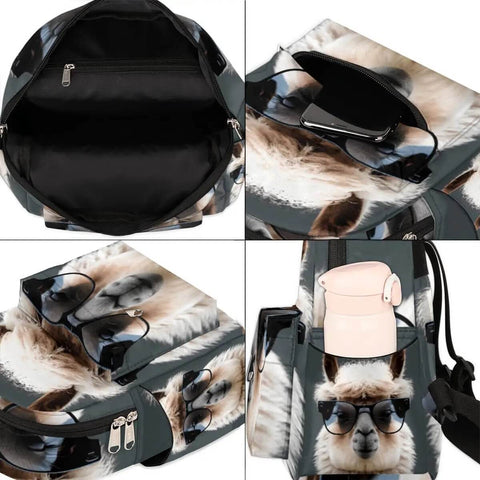 Collage showing Women Mini Backpack Purse With Alpaca Print, featuring close-up of pockets, zippers, interior, and adjustable straps.