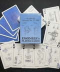 Gearhead Approved Engineering Drawing Playing Cards For Engineers Gift Set with patent art cards on display.