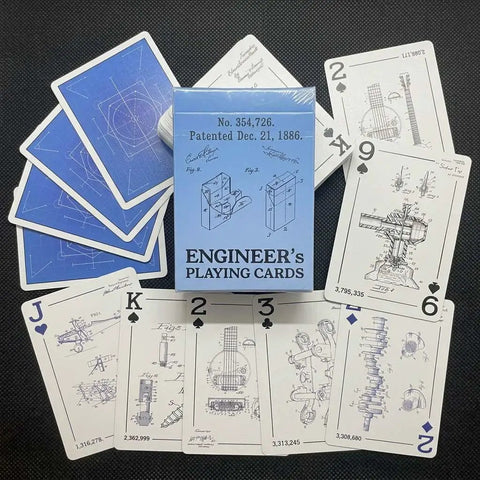 Gearhead Approved Engineering Drawing Playing Cards For Engineers Gift Set with patent art cards on display.