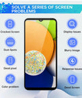 Galaxy A03 Screen Replacement Kit With Frame Full Assembly LCD Display Touch Digitizer And Repair Tools Set For SM A035F A035M No More Cracked Screen Bundle showcasing solution to screen issues.