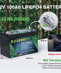 12V 100Ah LiFePO4 Battery With Built-In 100A BMS displayed with measurements and M8 terminal, next to iPhone 16 Pro for scale.