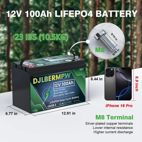 12V 100Ah LiFePO4 Battery With Built-In 100A BMS displayed with measurements and M8 terminal, next to iPhone 16 Pro for scale.