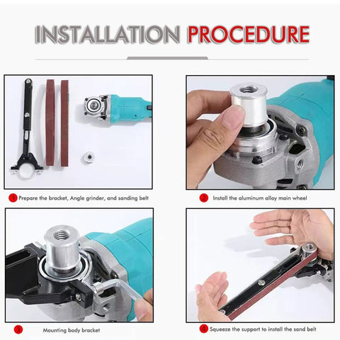 Installation steps for Quick Swap Angle Grinder To Belt Sander Converter Kit Heavy Duty Sanding Adapter, showing tools and process.
