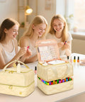 Two Layer Nail Polish Organizer Case That Holds 42 Plus 15ml Bottles, beige bag with compartments, displayed on table with users.