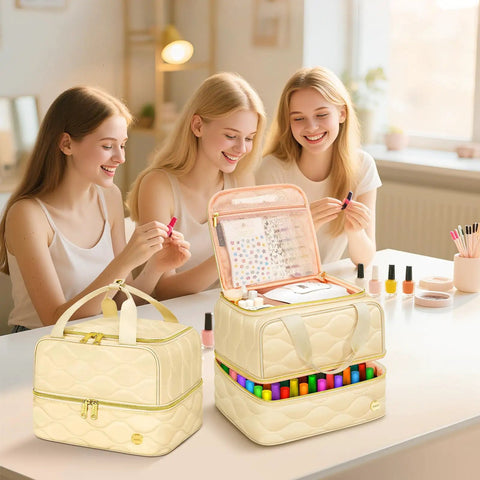 Two Layer Nail Polish Organizer Case That Holds 42 Plus 15ml Bottles, beige bag with compartments, displayed on table with users.