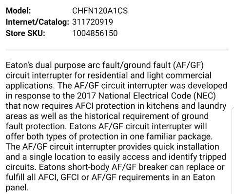 Image of Eaton CHFN120A1CS circuit breaker specifications and applications description on packaging