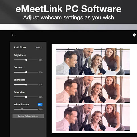 eMeetLink PC software interface showing settings for Crystal Clear 1080P HD Webcam With Four Noise Blocking Mics.