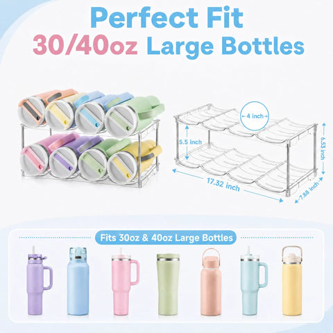 Cabinet Water Bottle Organizer With Large Compartments, Stackable Tumbler Holder For 40oz Jugs, Fits Stanley, Yeti in use