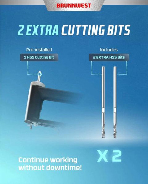 Adjustable Sheet Metal Hole Cutter With Two Extra Bits For Clean 2 To 12 Inch Circular Cuts, featuring two extra HSS cutting bits.