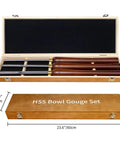Built Solid Three Pack M2 High Speed Steel Bowl Gouge Set For Wood Turning showing three gouges in a wooden case.