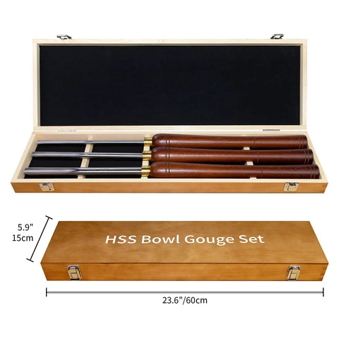 Built Solid Three Pack M2 High Speed Steel Bowl Gouge Set For Wood Turning showing three gouges in a wooden case.