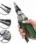 Hand holding 8 In 1 Wire Stripper And Do It All Multi Tool Pliers With Built In Voltage Tester Cutter And Crimp Tool