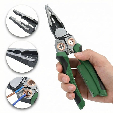 Hand holding 8 In 1 Wire Stripper And Do It All Multi Tool Pliers With Built In Voltage Tester Cutter And Crimp Tool