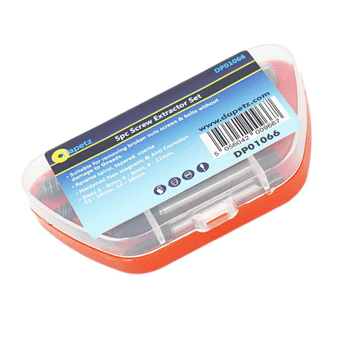 5 Piece Damaged Nut And Bolt Extractor Set With Hardened High Carbon Steel And Anti Corrosion Finish Includes Case Reverse Spiral Tapered Coarse Bits No Fuss For Removing Stripped Nuts And Broken Screws Like A Pro in plastic case