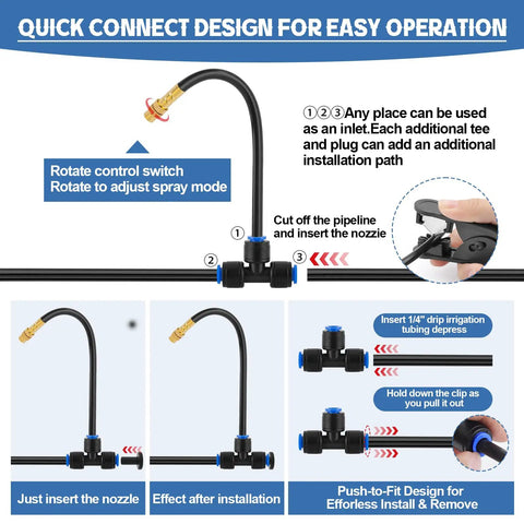 Quick connect design of Outdoor Misting Cooling System Kit With 100 Ft Misting Line And 25 Brass 360 Degree Adjustable Nozzles