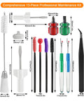 Thirteen-Piece Sewing Machine Cleaning Kit with Pro Tools for maintenance and repairs, featuring screwdrivers, tweezers, brushes, and more.