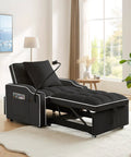 Three In One Velvet Sleeper Chair Bed With Phone Holder And USB Ports in black, shown as recliner with pull-out footrest