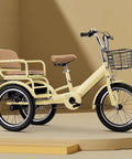 Side view of yellow Three Wheel Kids Pedal Tricycle With Back Seat, Belt And Armrests, Front And Rear Brakes, Outdoor Cruiser