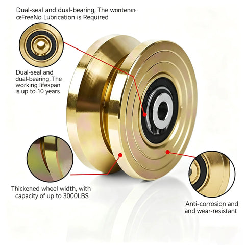Close-up of Heavy Duty 4 Inch Sliding Gate Rollers Kit with dual-seal bearings and 3000 lb load capacity