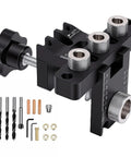 Rock Solid Self Centering Doweling Jig Kit Three In One Woodworking Tool With Aluminum Clamp, showing precision bushings and bits.