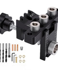 Heavy Duty 3 In 1 Self Centering Dowel Jig Kit For Shop Ready Woodworking Aluminum Drill Guide with components laid out.