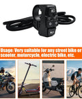 Three In One Motorcycle Handlebar Switch with Headlight Horn and Turn Signals, shown with compatible bikes and scooters.