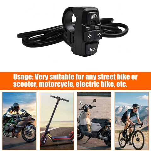 Three In One Motorcycle Handlebar Switch with Headlight Horn and Turn Signals, shown with compatible bikes and scooters.