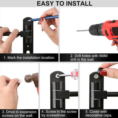 Step-by-step installation of Two Pack Wall Mounted Helmet Holder With 180 Degree Rotating Rack And Dual Hooks