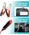 Heavy Duty 1200W Car Power Inverter Cranks Out DC 12V To 110V AC With Tough Steel Shell And Crisp LCD Display Panel For Truck RV And Weekend Cruises showing battery connections and car power supply.