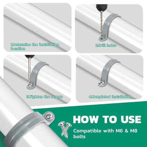 Step-by-step guide for 56 Piece PVC Pipe Strap Kit With Six Sizes Two Hole Plastic Pipe Clamps installation.