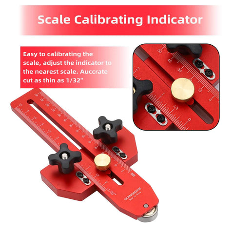 Thin Rip Jig Table Saw Guide for Quick Repetitive Narrow Strip Cuts, Anti Kickback Safety, red tool with calibrating scale