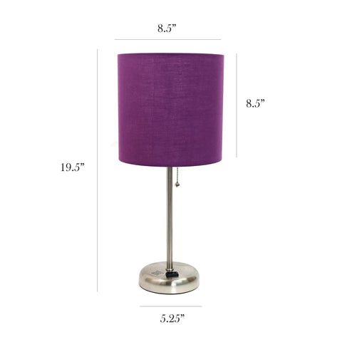 Brushed Steel Stick Table Lamp Set With Charging Outlet And Purple Fabric Shades Two Pack for desks or nightstands, 19.5 inches tall