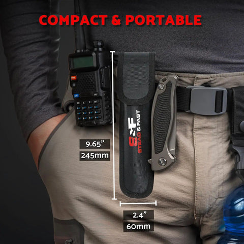Compact portable radio pouch with measurements on belt, showcasing size and fit.