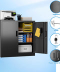 Sturdy Metal Garage Storage Cabinet with Pegboard Doors, Lockable Dual Doors open, showing shelves, tools, and accessories.