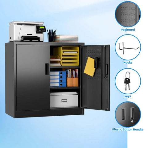 Sturdy Metal Garage Storage Cabinet with Pegboard Doors, Lockable Dual Doors open, showing shelves, tools, and accessories.