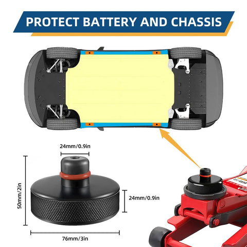 Diagram showing Tesla Jack Pads Set for Model Y 3 S X with four durable rubber pucks in use, including dimensions and lifting pad placement.