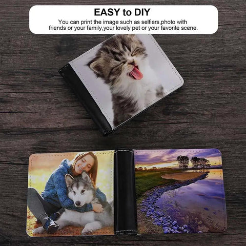 Heat Transfer Wallet DIY Card Holder One Side Print Kit for Women and Men with personalized pet and nature images displayed.