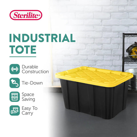 4 Pack 27 Gallon Heavy Duty Industrial Storage Tote With Lids in black and yellow, focus on one tote in a garage setting