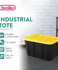 Heavy Hitter Heavy Duty Storage Totes With Secure Lids For Garage, 27 Gallon Stackable Plastic Bins 8 Pack shown with a yellow lid and black body.