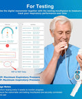 Elderly man using Digital Lung Trainer With App And Bluetooth, 6 Level Inhale Resistance, Pump Up Breathing Muscles device for testing.