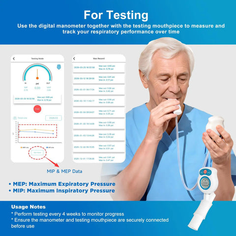 Elderly man using Digital Lung Trainer With App And Bluetooth, 6 Level Inhale Resistance, Pump Up Breathing Muscles device for testing.