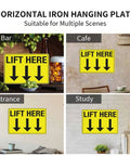Collage of various settings with 'Lift Here' yellow sign; bar, cafe, entrance and study.