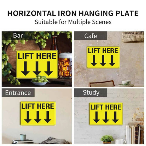 Collage of various settings with 'Lift Here' yellow sign; bar, cafe, entrance and study.