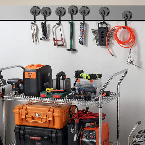 Eight Pack Swivel Magnetic Hooks Set, Heavy Duty 120LBS Capacity, hanging tools in garage, showcasing Neodymium Magnetic Hooks.